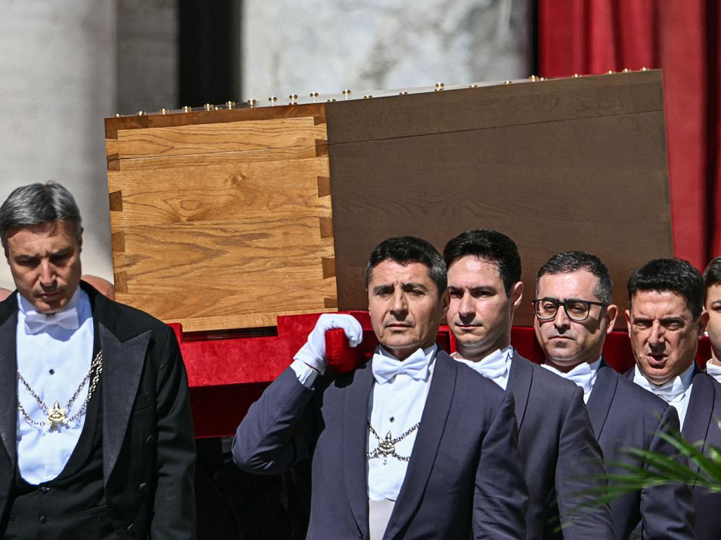 Pallbearers carry the coffin of late Pope Francis during the funeral ceremony in St Peter's Square, at the Vatican. Picture: AFP