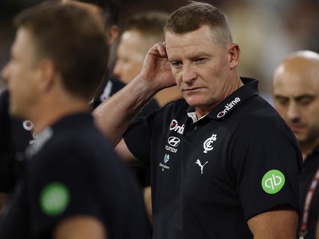 Carlton coach Michael Voss must make some moves this week to fix a ‘badly exposed’ defence. Picture: Michael Klein