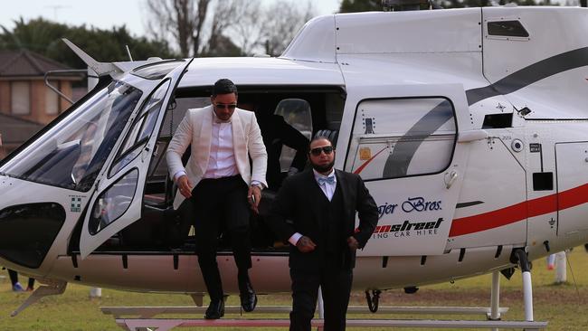 Salim and his groomsmen arrive at Phillips Park by helicopter. Picture: Toby Zerna