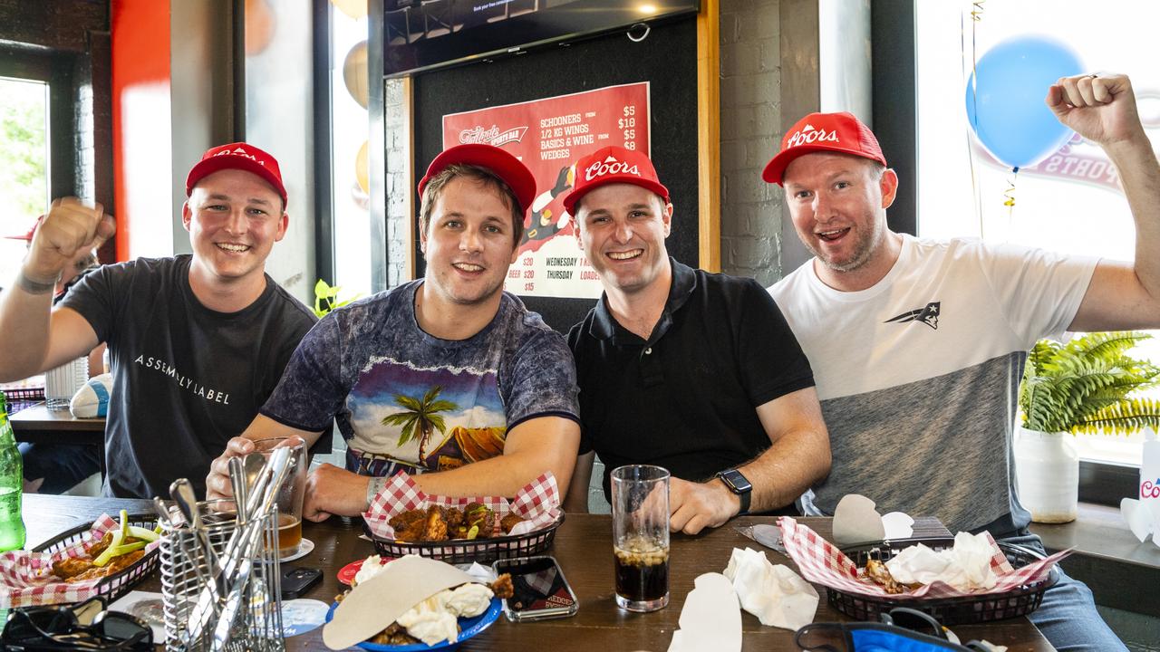 At Tailgate Sports Bar for the NFL Super Bowl are (from left) Corey Bellert, Joel Wieden, Matt Sander and Geoff Broadbent, Monday, February 14, 2022. Picture: Kevin Farmer