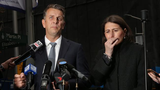 Transport MinisterAndrew Constance fronts the media with Premier Gladys Berejiklian. Picture: Richard Dobson