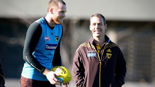 Alastair Clarkson shares a laugh with Jarryd Roughead. Picture: Wayne Ludbey