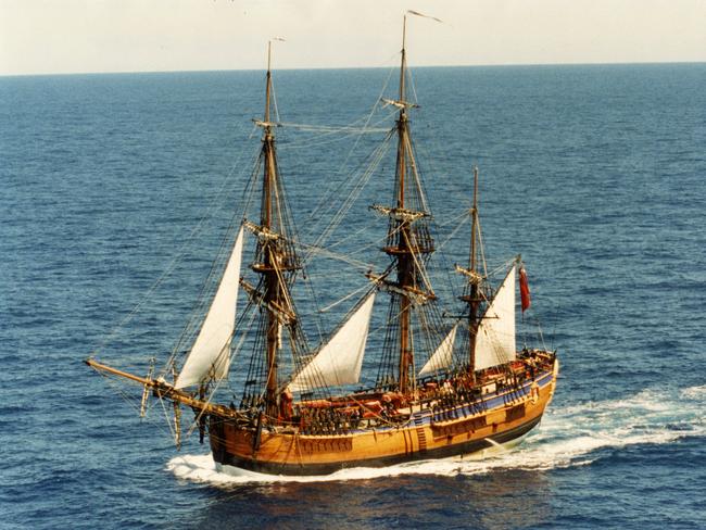 Aerial view of the Endeavour a replica of Captain James Cook's 18th century ship.