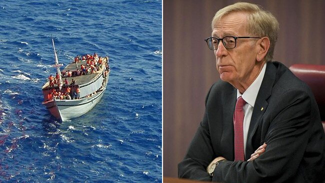 Just like the stranded Indonesian refugee boat, left, made the Tampa crisis the headliner of the 2001 election, border security has trumped Ken Hayne’s, right, banking royal commission in 2019.