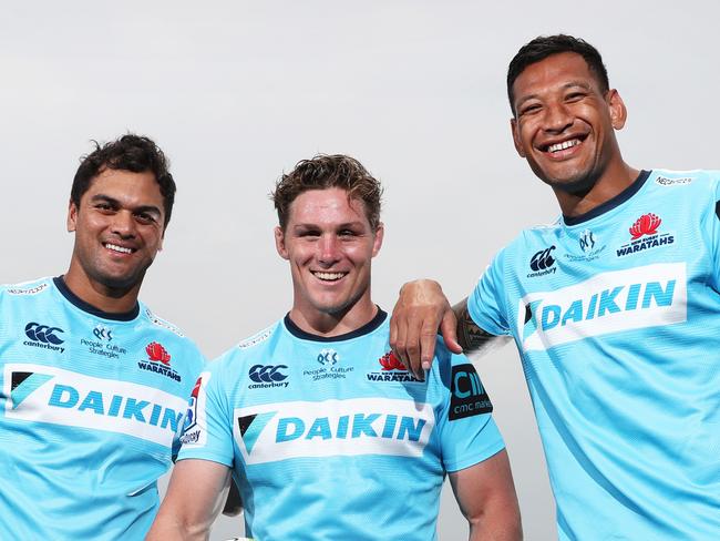 Karmichael Hunt, Michael Hooper and Israel Folau together playing for the NSW Waratahs Super Rugby team, at Daceyville Sydney. Picture: Brett Costello