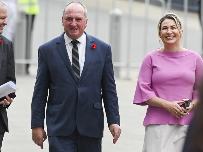 Barnaby Joyce and Vikki Campion at the Remembrance Day ceremony at the Australian War Memorial in Canberra. Picture: NCA NewsWire / Martin Ollman