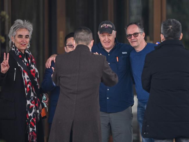 WHO team members Marion Koopmans (L), Peter Daszak (3rd R) and Peter Ben Embarek (2nd R) after the World Health Organisation team wrapped up its investigation. Picture: AFP