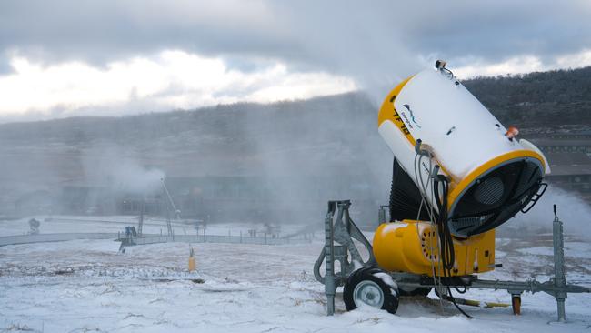 A blast of the manufactured snow is released as the real stuff provides a natural blanket at Perisher Ski Resort on Thursday.