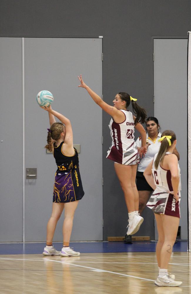 Netball action at QISSN 2024 held in Townsville. Clairvaux Mackillop College v St Joseph's College