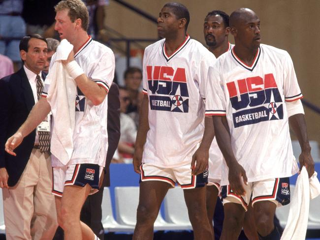 Larry Bird, Earvin ‘Magic’ Johnson, Karl Malone and Michael Jordan at Barcelona 1992.