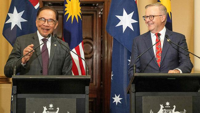 Malaysian Prime Minister Anwar Ibrahim and Anthony Albanese at a joint press conference on Monday. Picture: AFP