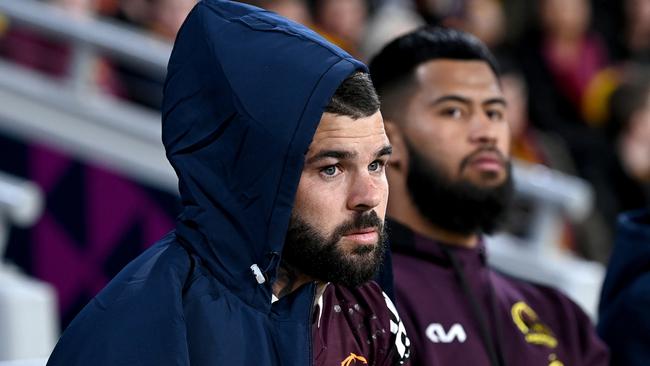 BRISBANE, AUSTRALIA - JUNE 11: Adam Reynolds and Payne Haas of the Broncos are seen on the sideline after being injured during the round 14 NRL match between the Brisbane Broncos and the Canberra Raiders at Suncorp Stadium, on June 11, 2022, in Brisbane, Australia. (Photo by Bradley Kanaris/Getty Images)