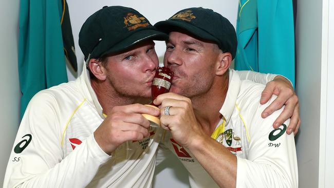 Better times: Steve Smith and David Warner celebrate Australia’s Ashes triumph. Picture: Getty