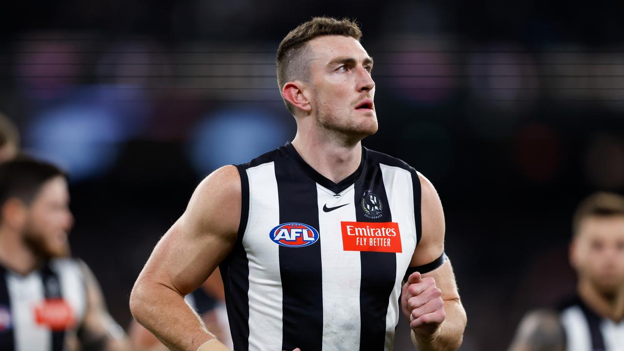 MELBOURNE, AUSTRALIA - SEPTEMBER 22: Daniel McStay of the Magpies is seen as the Magpies leave the field at half time during the 2023 AFL First Preliminary Final match between the Collingwood Magpies and the GWS GIANTS at Melbourne Cricket Ground on September 22, 2023 in Melbourne, Australia. (Photo by Dylan Burns/AFL Photos via Getty Images)