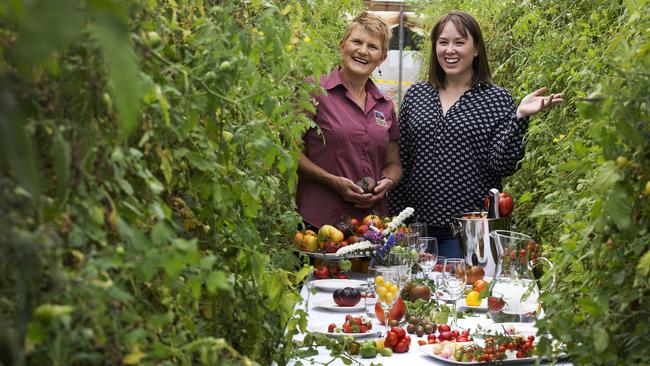 Founder of Off the Table Anna Yip, right, and co owner of Tasmanian Natural Garlic and Tomatoes Annette Reid at Selbourne. Picture: CHRIS KIDD