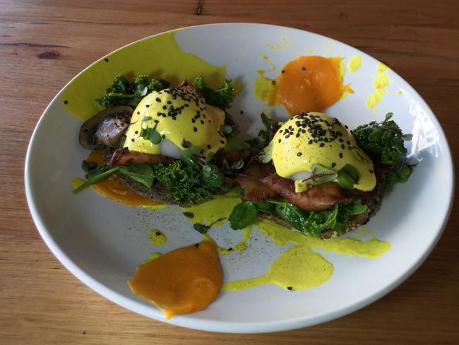 The eggs benedict made with vegan eggs of coconut and sweet potato. Picture: Jenifer Jagielski