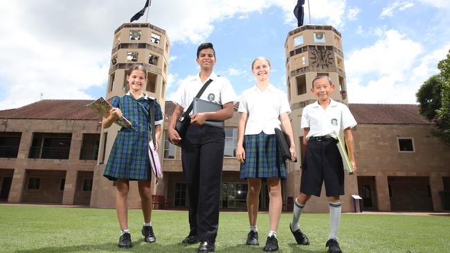 Somerset College has taken the top spot for 2023 NAPLAN results on the Gold Coast. Happy students from left, Piper Millar 10 (year 5), Abhiraj Sarmah 13 (year 9), Savannah walker 14 (Year 9) and Zongyou Han 10 (year 5). Picture Glenn Hampson