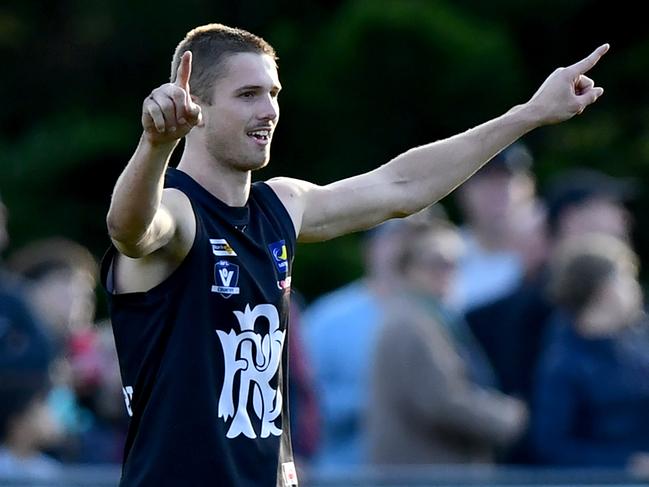Blake Kuipers of Rosebud celebrates kicking a goal during the round ten MPFNL Division One Seniors match between Sorrento and Rosebud at David Macfarlan Reserve, on June 08, 2024, in Sorrento, Australia. (Photo by Josh Chadwick)