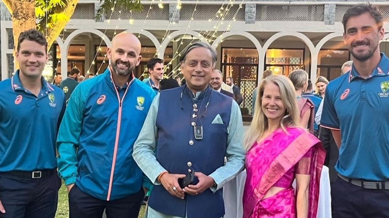 Australian Deputy High Commissioner to India Sarah Storey (second right) alongside (from left to right) Alex Carey, Nathan Lyon, prominent Indian politician Shashi Tharoor and Mitchell Starc. Photo: LinkedIn