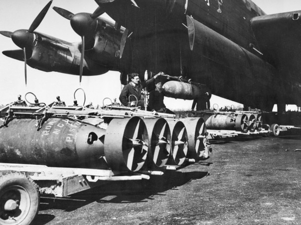 Bomber from Bill Purdy’s Squadron No 463, WW11, around April 1944 being loaded with bombs. Picture: Australian War Memorial