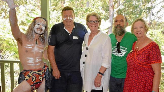 HISTORY: Jadon Briggs, Andrew and Jane Parker, Michael Ward and Carol Harman at an indigenous cultural presentation at the Green House, Beulah Community in Buderim. Picture: Contributed