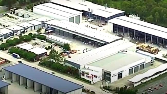 The Maritimo factory on McPhail Rd at Coomera this afternoon. A fire broke out in the building. Picture: 9 News Gold Coast