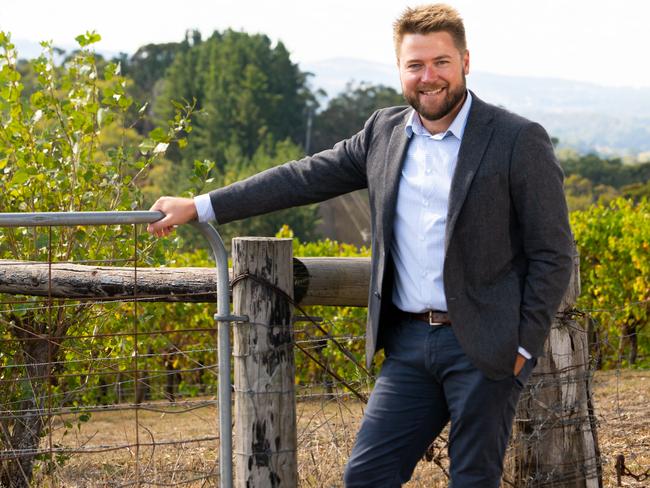 The Lane chief executive Jared Stringer at the site where The Lane Vineyard is joining forces with SA developer Luxury Lodge Group to build a $10m luxury accommodation venture that "could rival Mt Lofty House". The development will feature 20 villas, a lodge and a wellness centre in Hanhdorf/ Peramangk Country on Friday, April 8, 2022. (The Advertiser/ Morgan Sette)