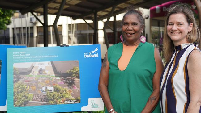 Artist Denise Quall and City of Darwin chief executive Simone Saunders at the announcement of the five artists responsible for Smith St' new transformation. Picture: City of Darwin