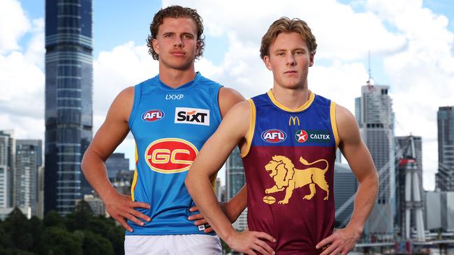 GC Suns Jed Walters and Brisbane Lions Jaspa Fletcher at Kangaroo Point ahead of the Q Clash. Picture: Liam Kidston