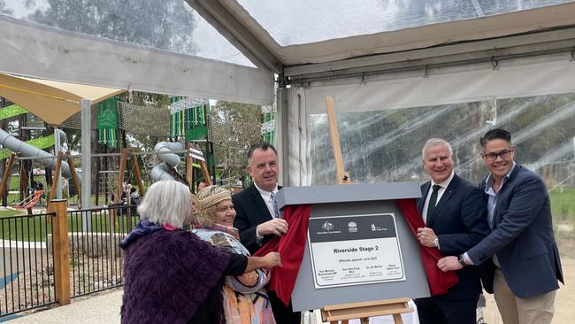 Riverina MP Michael McCormack, Wagga Mayor Dallas Tout and Nationals MP Wes Fang unveil the plaque for the precinct. Picture: Patrick Morrow