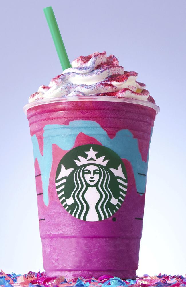 This starts as a purple drink with blue swirls that tastes sweet and fruity, before changing to pink with a tangy and tart taste with a stir of the straw. People are losing their minds.