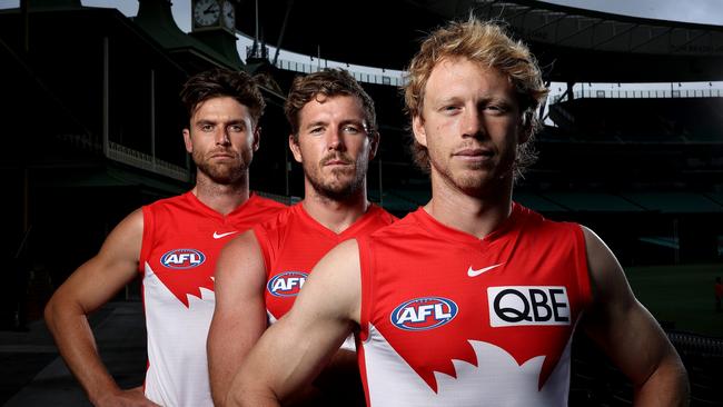 Callum Mills joins Luke Parker and Dane Rampe as co-captains of the Sydney Swans for season 2022. Picture: Phil Hillyard