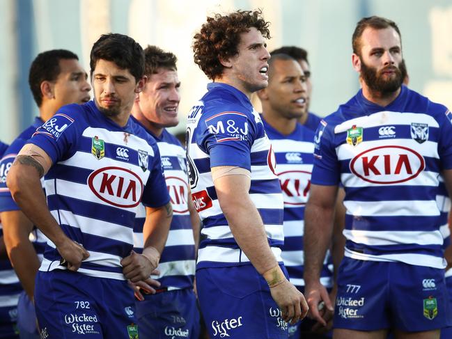 Bulldogs players looks on during the Round 15 NRL match between the Canterbury-Bankstown Bulldogs and the Gold Coast Titans at Belmore Sports Ground in Sydney, Saturday, June 16, 2018. (AAP Image/Brendon Thorne) NO ARCHIVING, EDITORIAL USE ONLY