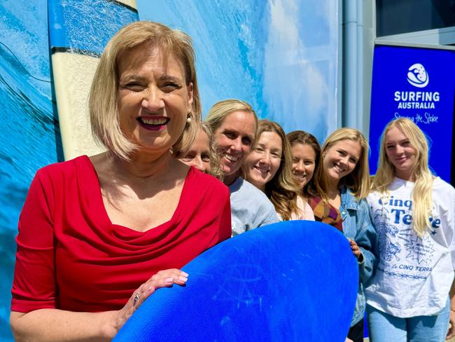 Federal Richmond MP Justine Elliot with Surfing Australia High Performance Director Kate Wilcomes , former world champ Chelsea Hedges, Hannah Jessup, Belen Alvarez-Kimble, Tru Starling and Phoebe Kane. Picture: Supplied.