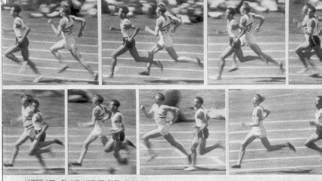 A series of stills showing Bannister racing past Landy.