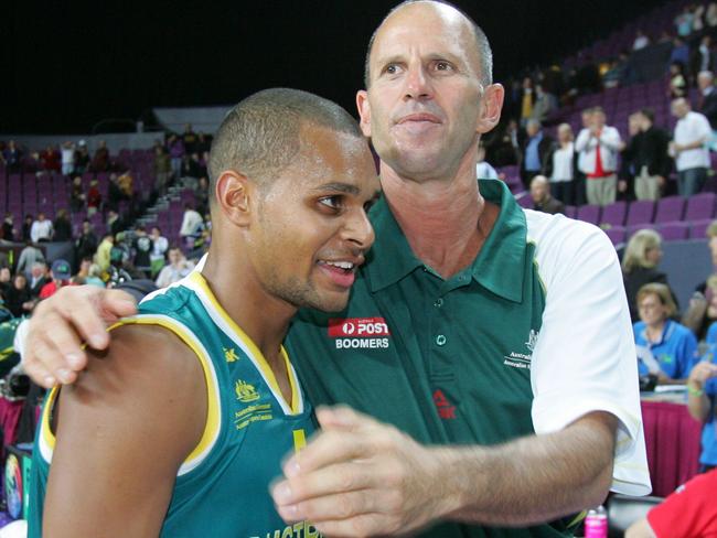 Boomers coach Brian Goorjian hugs Patrick Mills after Australia v New Zealand 2008 Olympic Games qualifying series game at Entertainment Centre in Sydney.