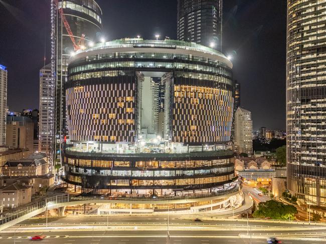 Lighting testing at Queen’s Wharf overnight, brilliant drone footage and images. Also included testing of letters, which referenced Broncos colours and words as Brisbane played first home game last night at Suncorp Stadium Picture supplied by Star Casino