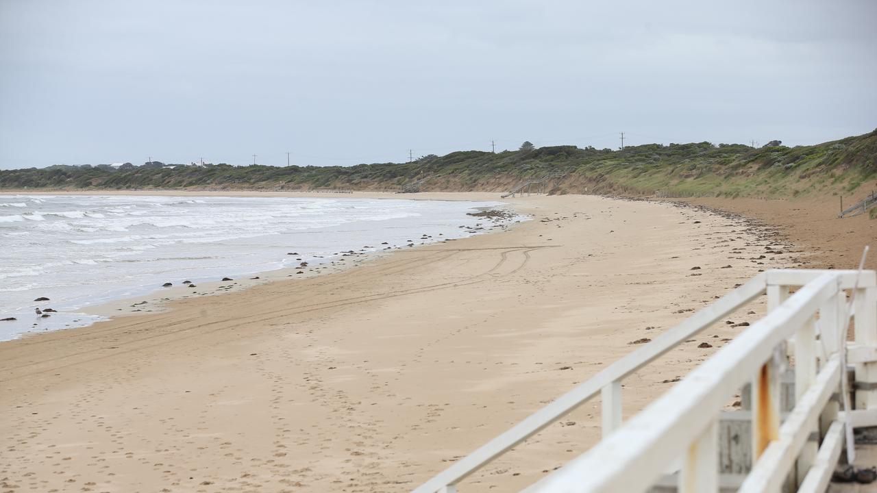 Ocean Grove Main beach was deserted on Tuesday. Picture: Alan Barber