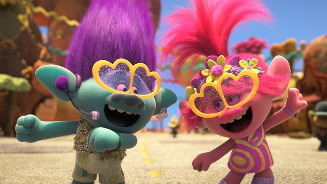 Branch (voiced by Justin Timberlake) and Poppy (voiced by Anna Kendrick) in a scene from the movie Trolls World Tour. Picture: Universal Pictures.