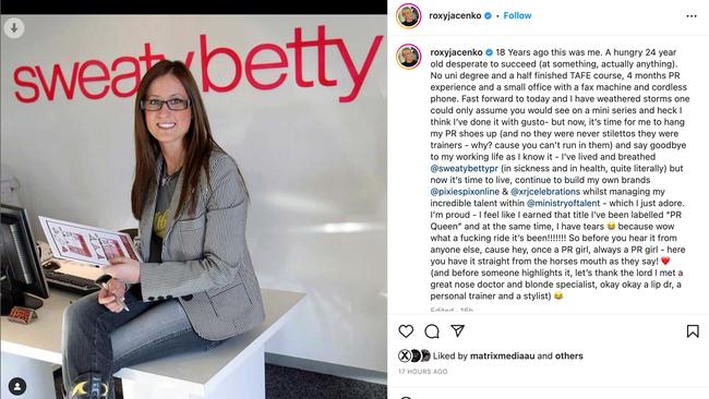 Jacenko announces she’s closing her Sweaty Betty PR business. Picture: Instagram