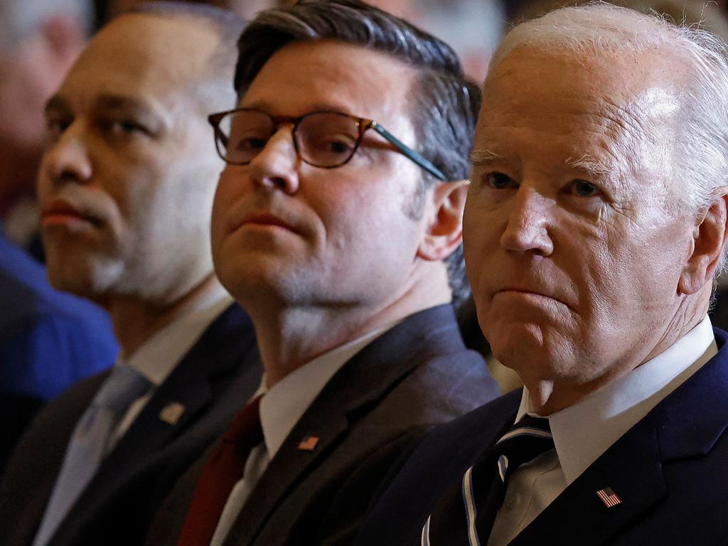 Mike Johnson said Joe Biden was weakening American’s standing. Picture: AFP