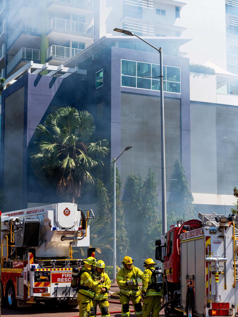 A fire has totally destroyed a house right next to DarwinÃ&#149;s tallest high-rise building, with the full range of emergency services rushing to the scene of the ferocious blaze. The fire on McMinn St is under investigation. picture: Che Chorley