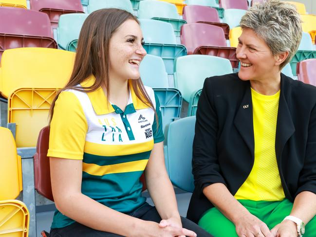 Supplied image of Australian Olympic champion Natalie Cook chats with teenage BMX star Holyee Jackson about her new program which will help fund Olympic athletes.