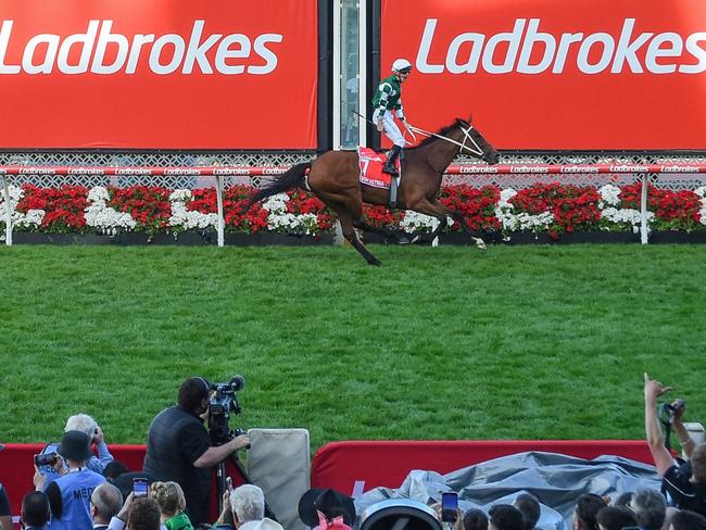 Via Sistina (IRE) ridden by James McDonald wins the Ladbrokes Cox Plate at Moonee Valley Racecourse on October 26, 2024 in Moonee Ponds, Australia. (Photo by Reg Ryan/Racing Photos via Getty Images)