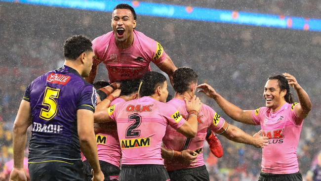 BRISBANE, AUSTRALIA - MAY 14: Panthers celebrate a try during the round 10 NRL match between the Melbourne Storm and the Penrith Panthers at Suncorp Stadium, on May 14, 2022, in Brisbane, Australia. (Photo by Chris Hyde/Getty Images)