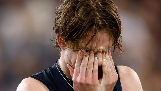 The Carlton youngster had his head in his hands after the loss. (Photo by Michael Willson/AFL Photos via Getty Images)