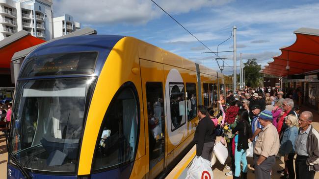 The Gold Coast G Tram took its first members of the public today with free travel on offer along the entire route from Broadbeach to the Gold Coast University Hospital. Crowds waiting for a ride on the tram.Picture by Scott Fletcher