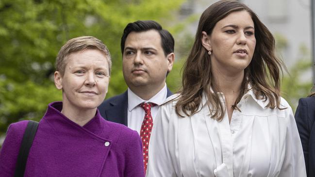 ACT Victims of Crime Commissioner Heidi Yates outside court with Brittany Higgins. Picture: NCA NewsWire / Gary Ramage