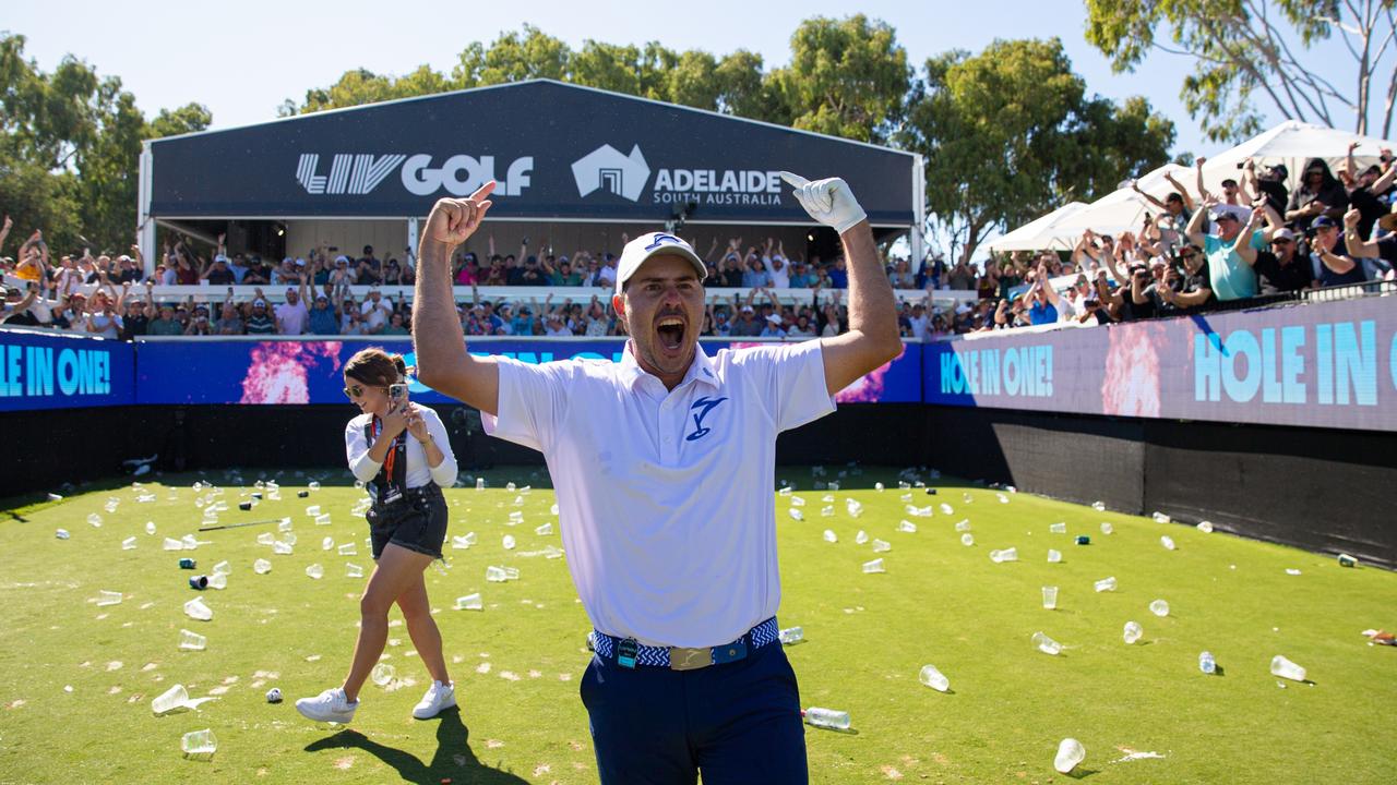 Chase Koepka of Smash GC reacts after making a hole-in-one on the 12th hole. (Photo by Jon Ferrey/LIV Golf)