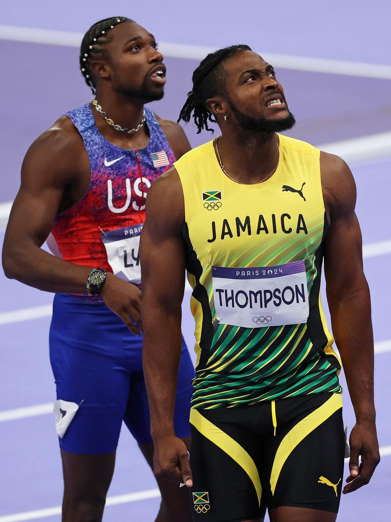 Noah Lyles and Kishane Thompson waiting in agony. Photo by Michael Steele/Getty Image.